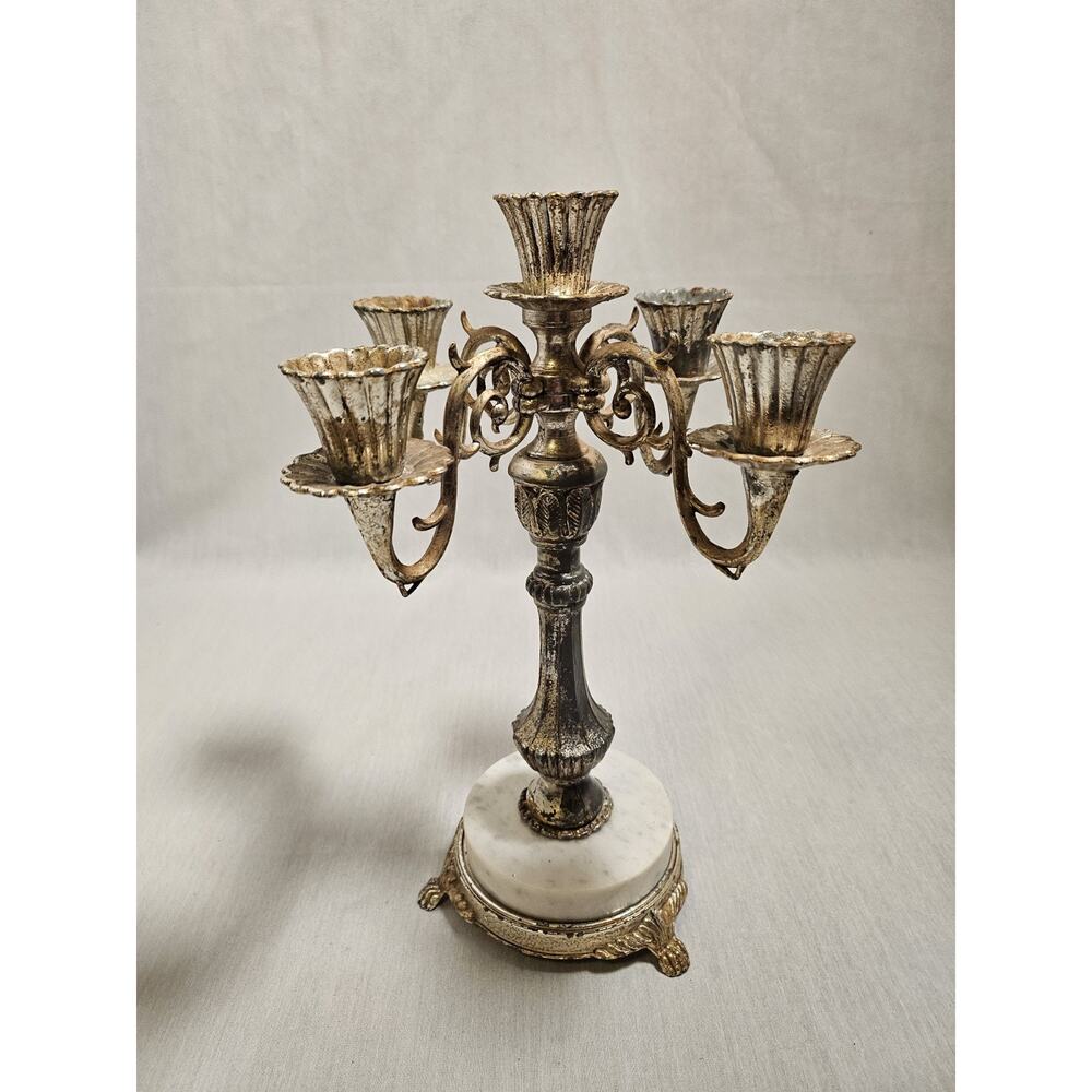 Vintage Ornate Italian Marble Base Five Candle Arm Candalabra Lions Feet 13” BLH